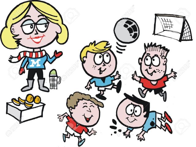 14231424-Vector-cartoon-of-soccer-mom-with-kids-playing-sport-Stock-Vector